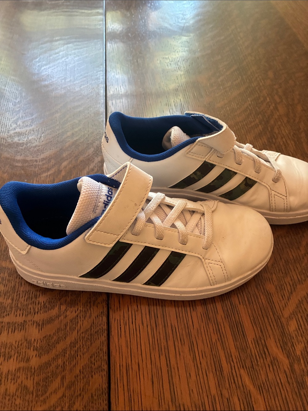 adidas Kids White Sneakers with Camo Stripes and Blue Lining